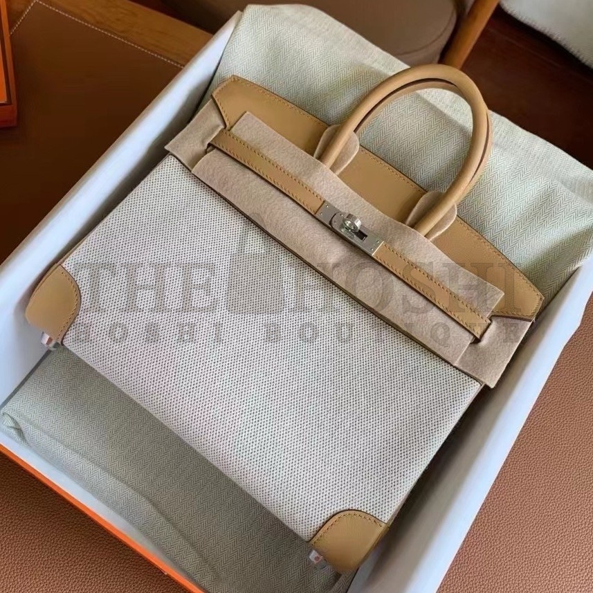 H**me5 Birkin 25 Handmade Bag In Toile &amp; Biscuit Swift Leather Master Quality