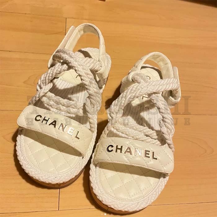 Ch**el Women CC Cotton Tweed White Sandals Calfskin Leather Cotton 1 CM Heel Master Quality