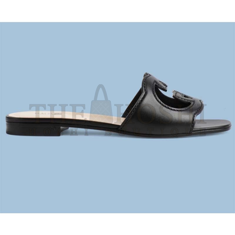 Gvc*1 Unisex Interlocking G Slide Sandals Black Leather Cut-Out Flat Master Quality