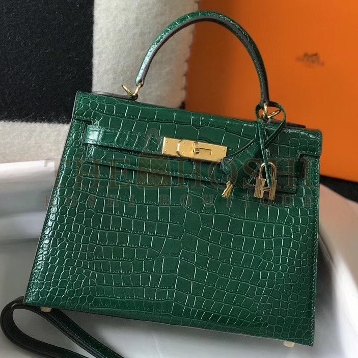 H**me5 Kelly 25cm Bag In Green Embossed Crocodile Master Quality