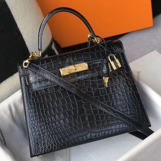 H**me5 Kelly 28cm Bag In Black Embossed Crocodile GHW Master Quality