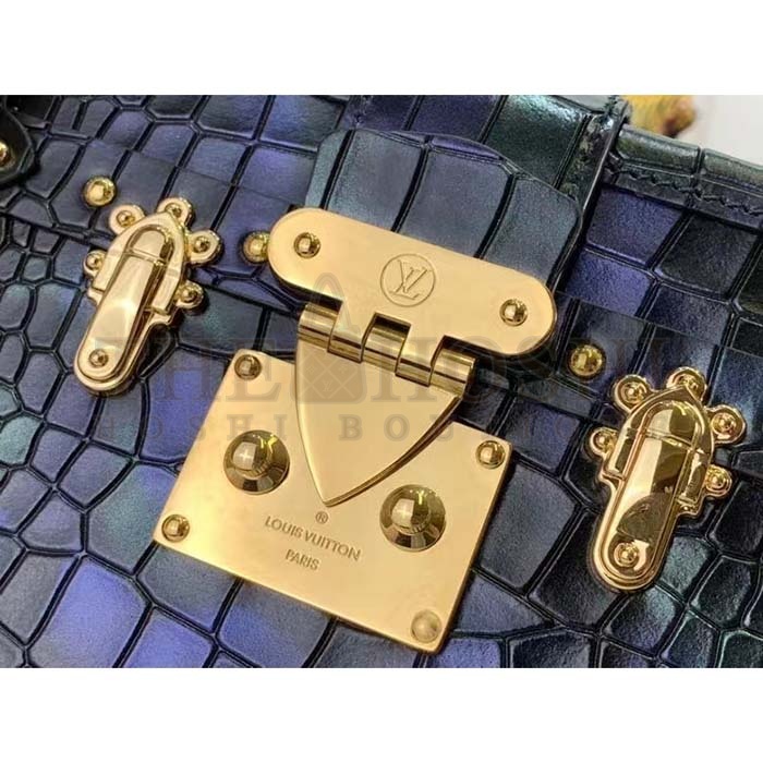 L0vis Vvtt0n LV Women Petite Malle Handbag Saphir Blue Brilliant Niloticus Leather Master Quality