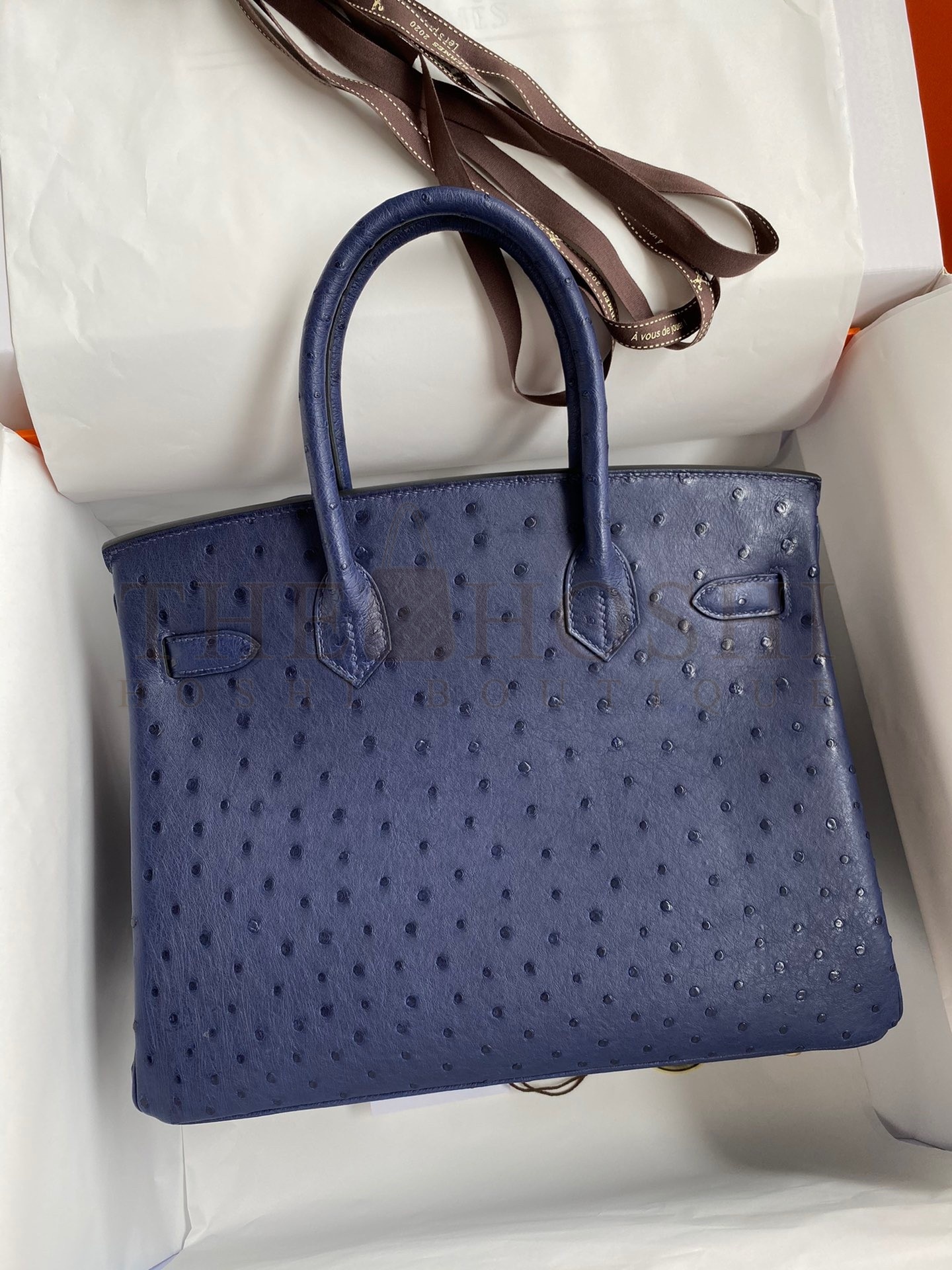 H**me5 Birkin 30 Retourne Handmade Bag In Blue Iris Ostrich Leather Master Quality