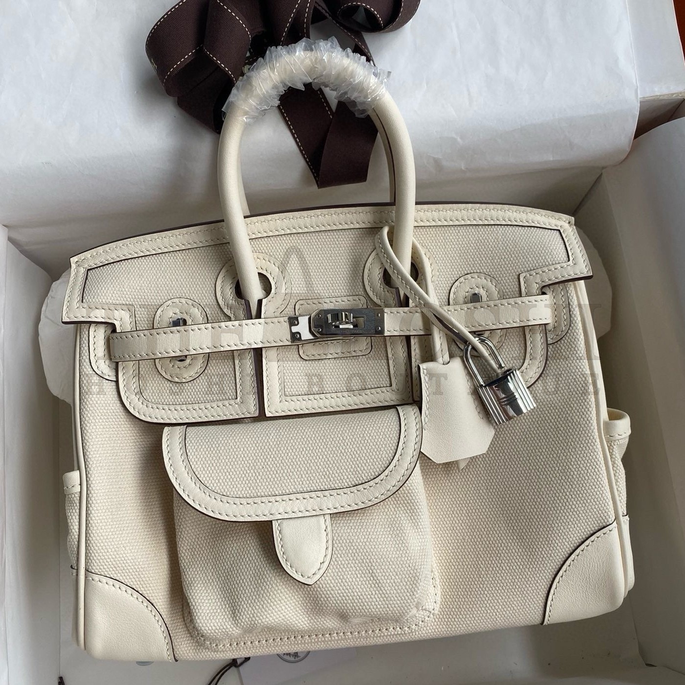 H**me5 Birkin Cargo 25 Bag in Craie Toile and Swift Leather Master Quality