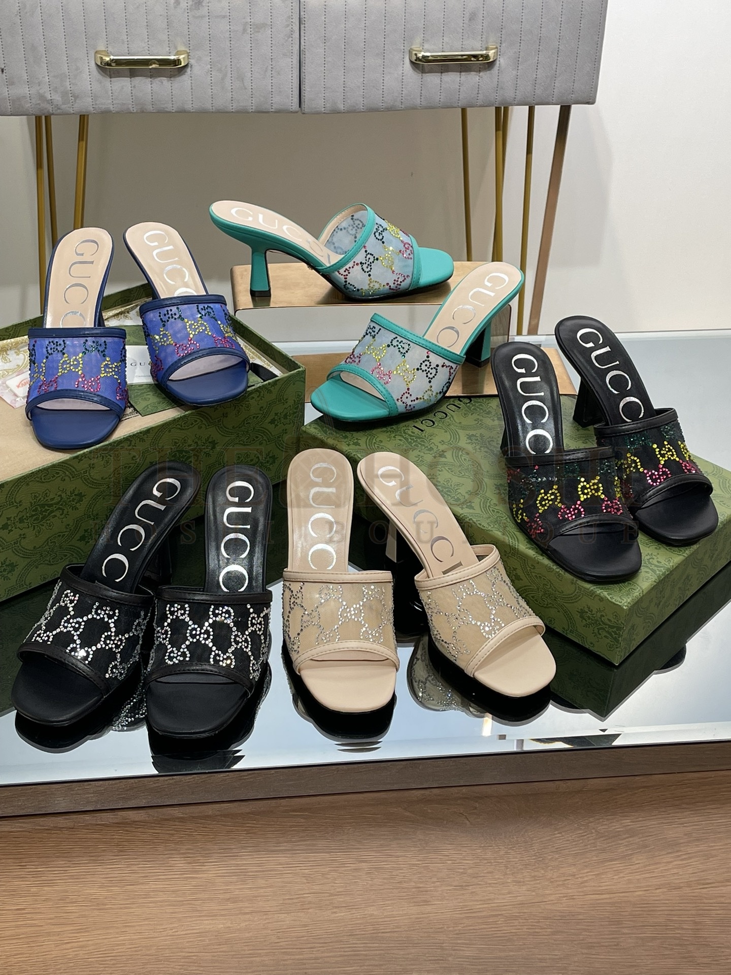 Gvc*1 Demi Rhinestone Mesh Mule Sandals Master Quality