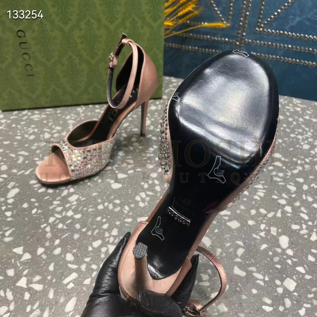 Gvc*1 Women G2 Mid-Heel Sandals Crystals Silver Satin 8 CM Heel Double G Master Quality