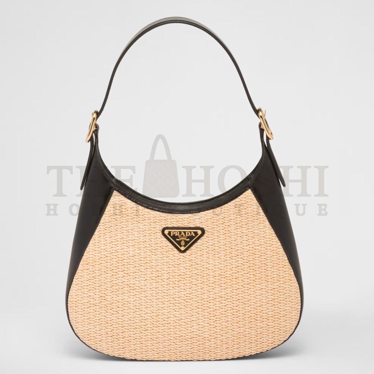 Pra*a Shoulder Bag in Woven Straw and Black Leather Master Quality