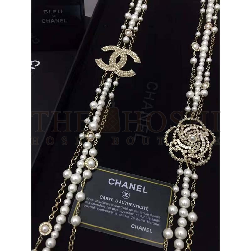 Ch**el Women Long Necklace in Metal Glass Pearls &amp; Diamantés-White Master Quality