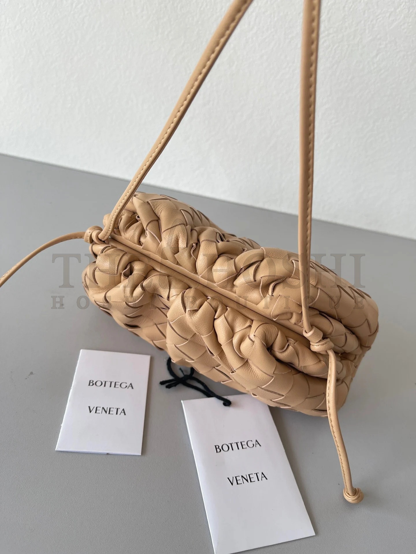 B0tt*ga Ven*ta Mini Pouch with Strap in Almond Intrecciato Lambskin Master Quality