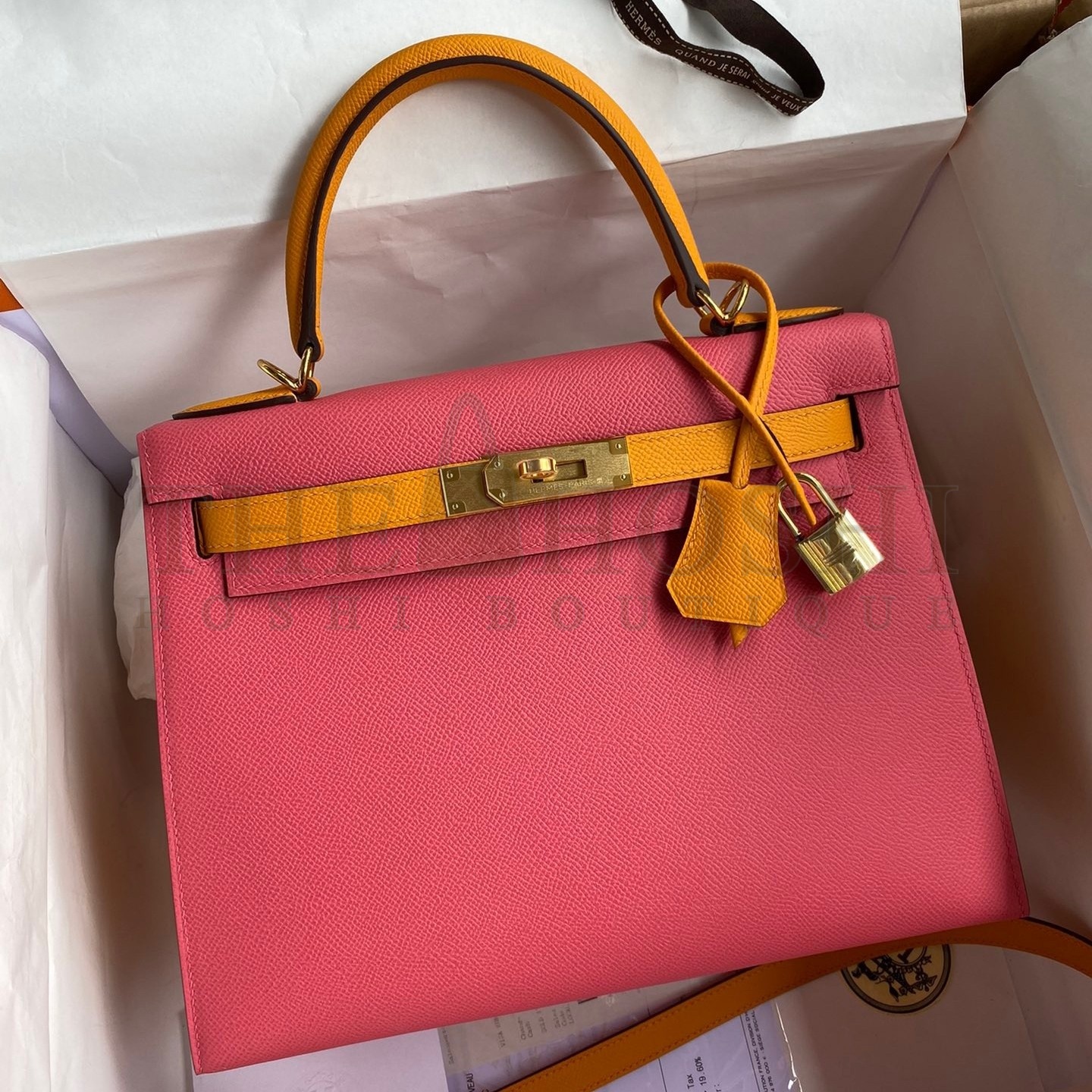 H**me5 Kelly Sellier 28 Bicolor Bag in Rose Lipstick and Yellow Epsom Calfskin Master Quality