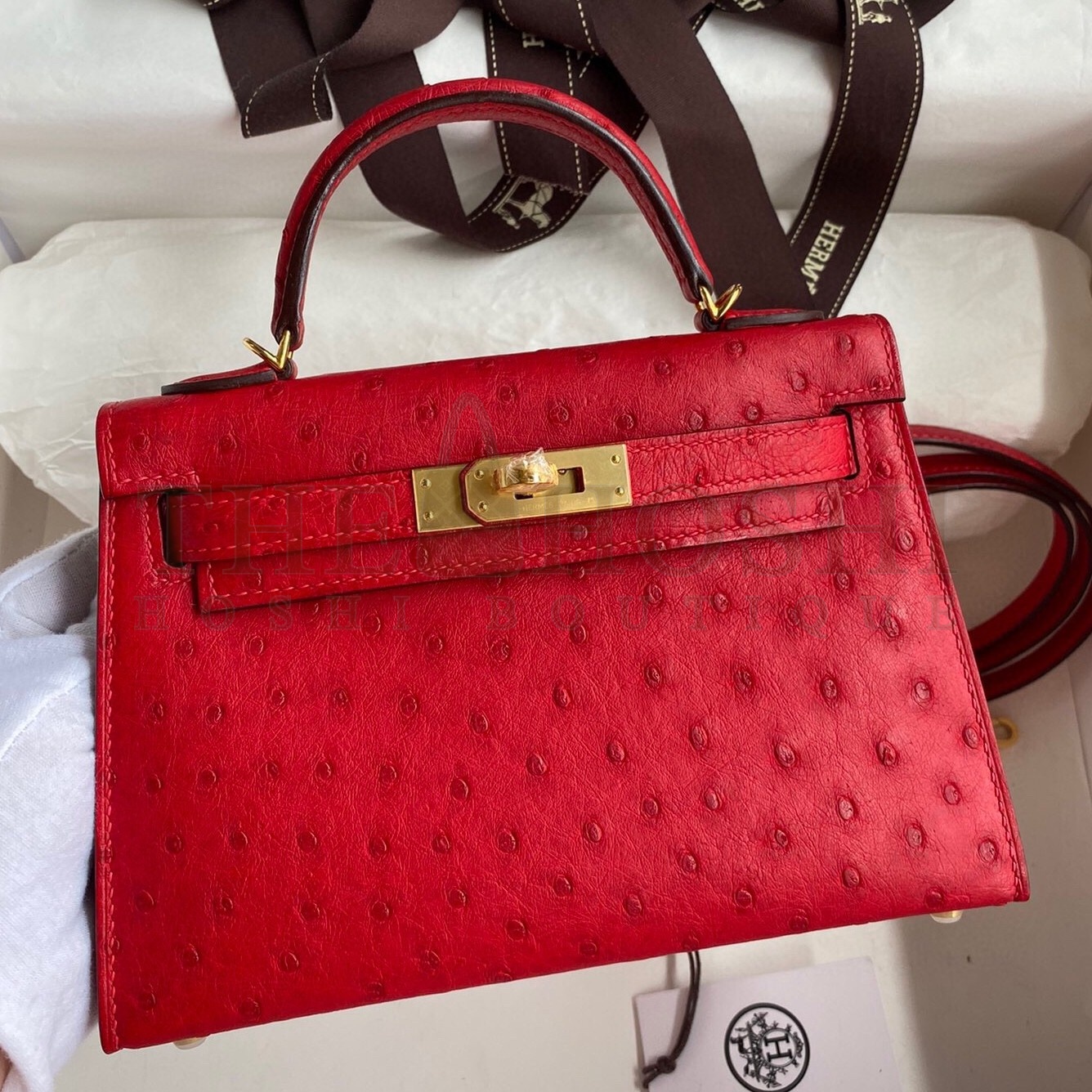 H**me5 Kelly Mini II Sellier Handmade Bag In Red Ostrich Leather Master Quality
