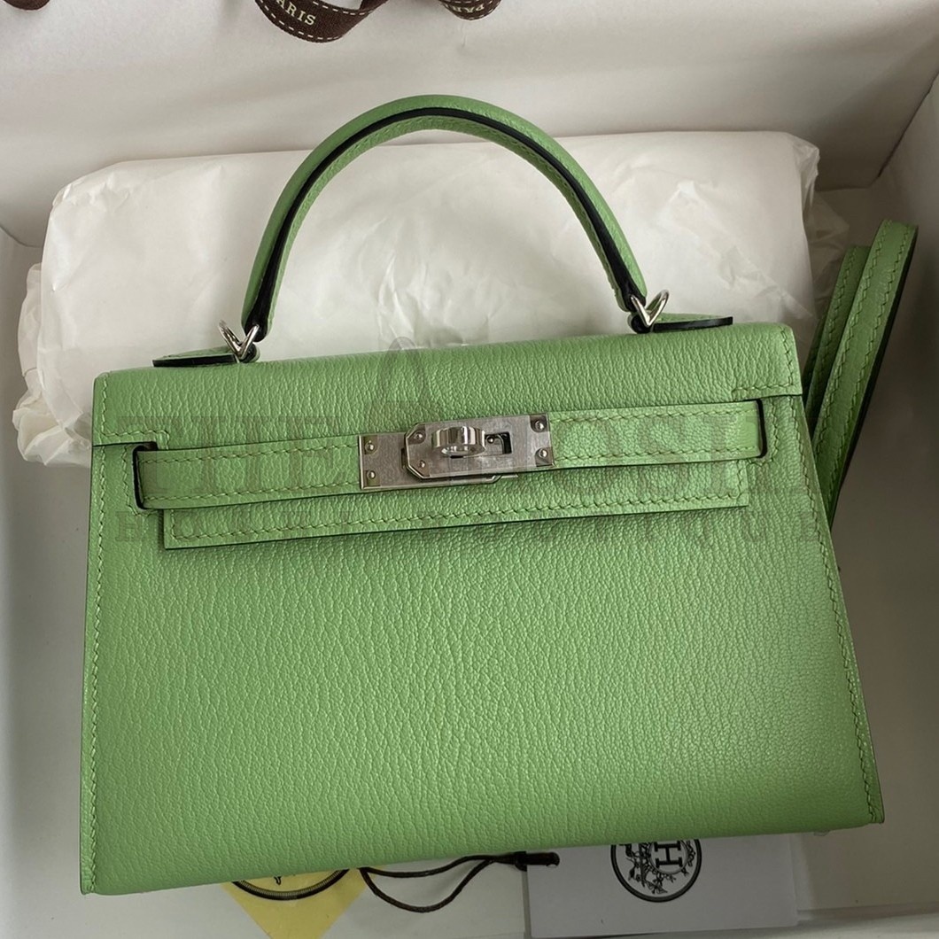 H**me5 Kelly Mini II Sellier Handmade Bag In Vert Criquet Chevre Mysore Leather Master Quality