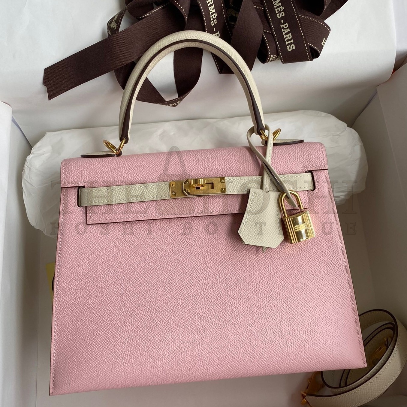 H**me5 Kelly Sellier 25 Bicolor Bag in Rose Sakura and Craie Epsom Calfskin Master Quality