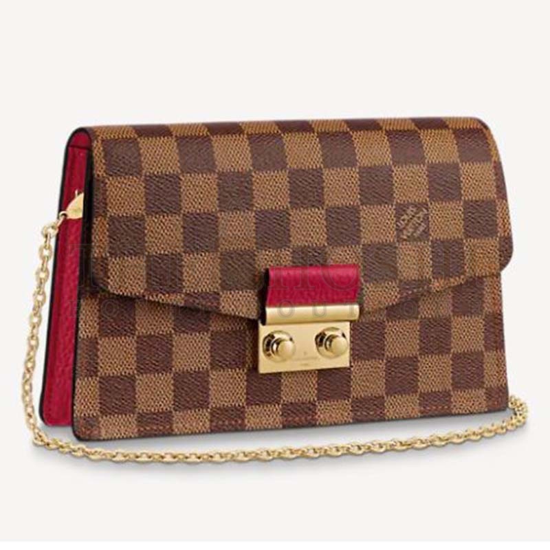 L0vis Vvtt0n LV Women Croisette Chain Wallet Scarlet Red Damier Ebene Coated Canvas Master Quality