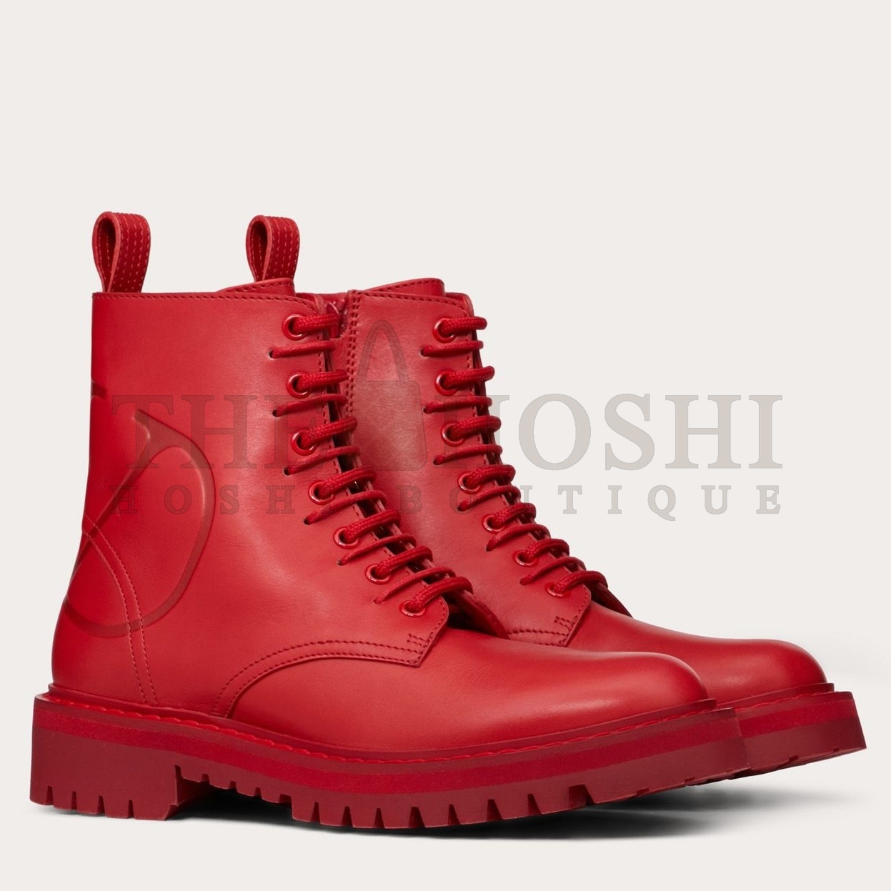 Va1e*ntin0 Red Leather VLogo Combat Boots Master Quality