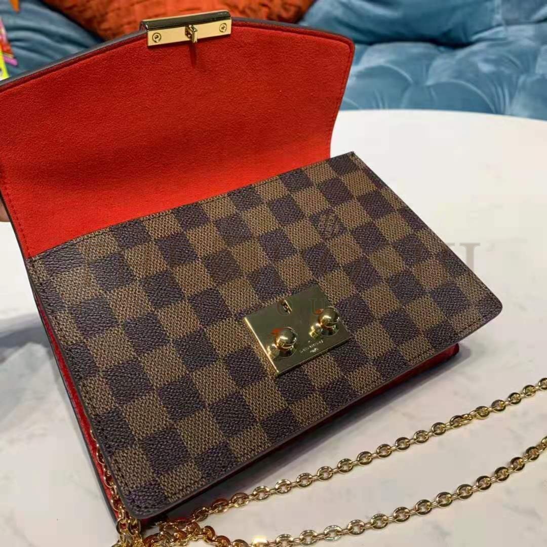 L0vis Vvtt0n LV Women Croisette Chain Wallet Scarlet Red Damier Ebene Coated Canvas Master Quality