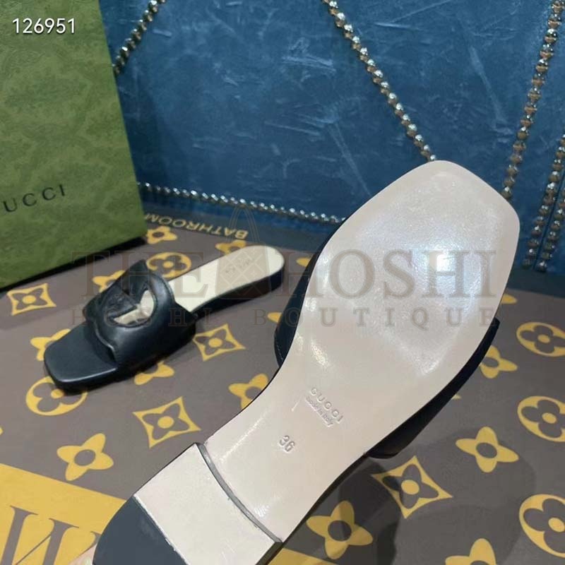 Gvc*1 Unisex Interlocking G Slide Sandals Black Leather Cut-Out Flat Master Quality