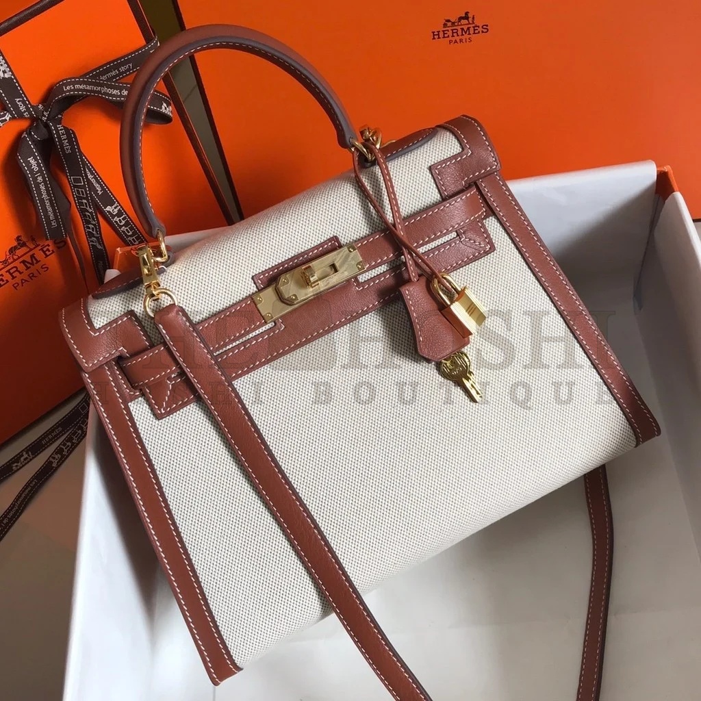 H**me5 Kelly 28cm Bag In Canvas With Barenia Leather Master Quality