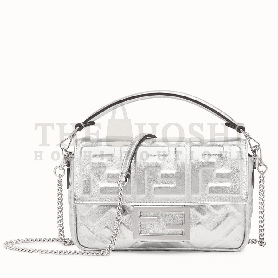 F**di Small Baguette Bag In Silver FF Metallic Leather Master Quality