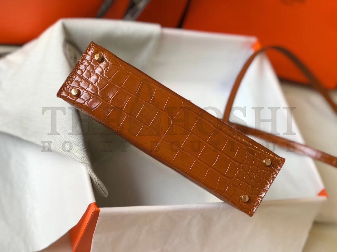 H**me5 Kelly Mini II Bag In Brown Crocodile Embossed Leather Master Quality