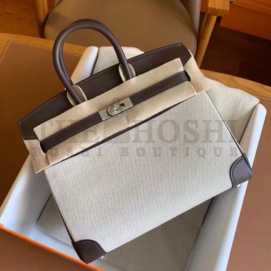 H**me5 Birkin 25 Handmade Bag In Toile &amp; Chocolat Swift Leather Master Quality