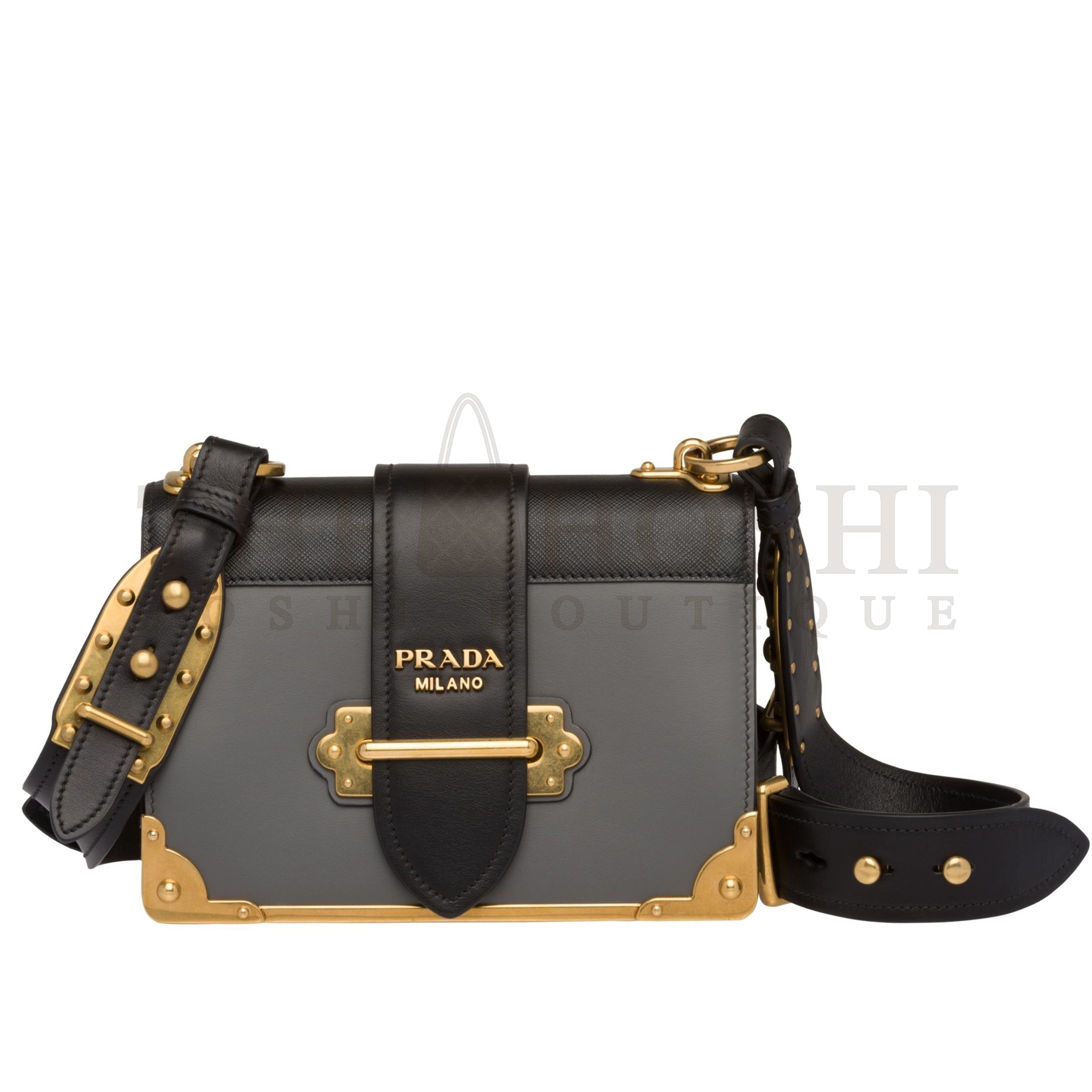 Pra*a Cahier Shoulder Bag In Grey/Black Leather Master Quality