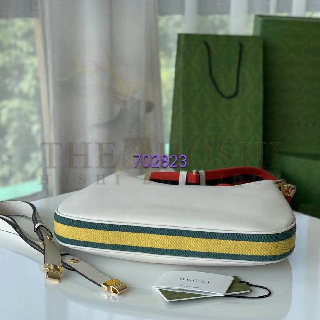 Gvc*1 Women GG Attache Large Shoulder Bag White Leather Green Yellow Web Master Quality