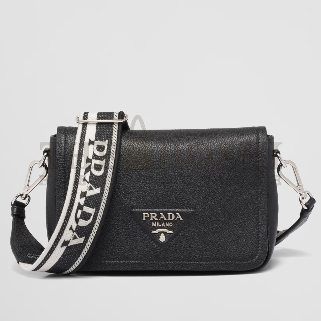 Pra*a Flap Shoulder Bag in Black Grained Leather Master Quality
