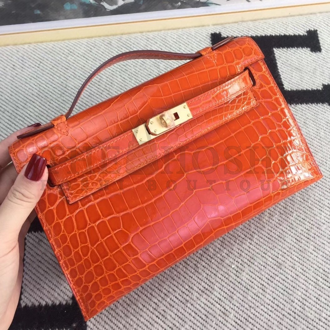 H**me5 Orange Kelly Pochette Shiny Niloticus Crocodile Bag Master Quality