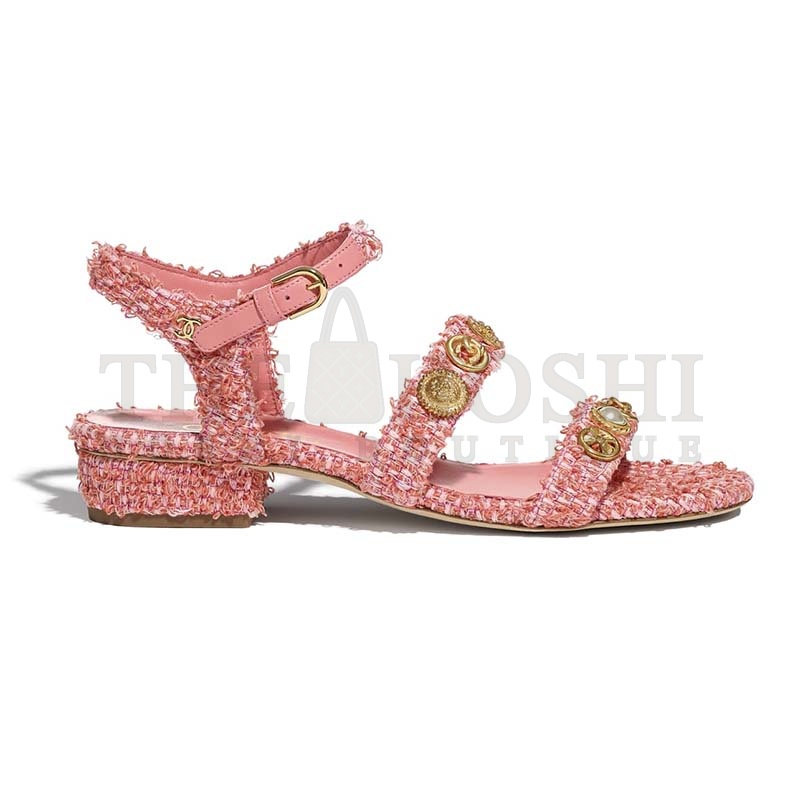 Ch**el Women Sandals Cotton Tweed &amp; Jewelry Coral &amp; Pink 2.5 cm Heel Master Quality