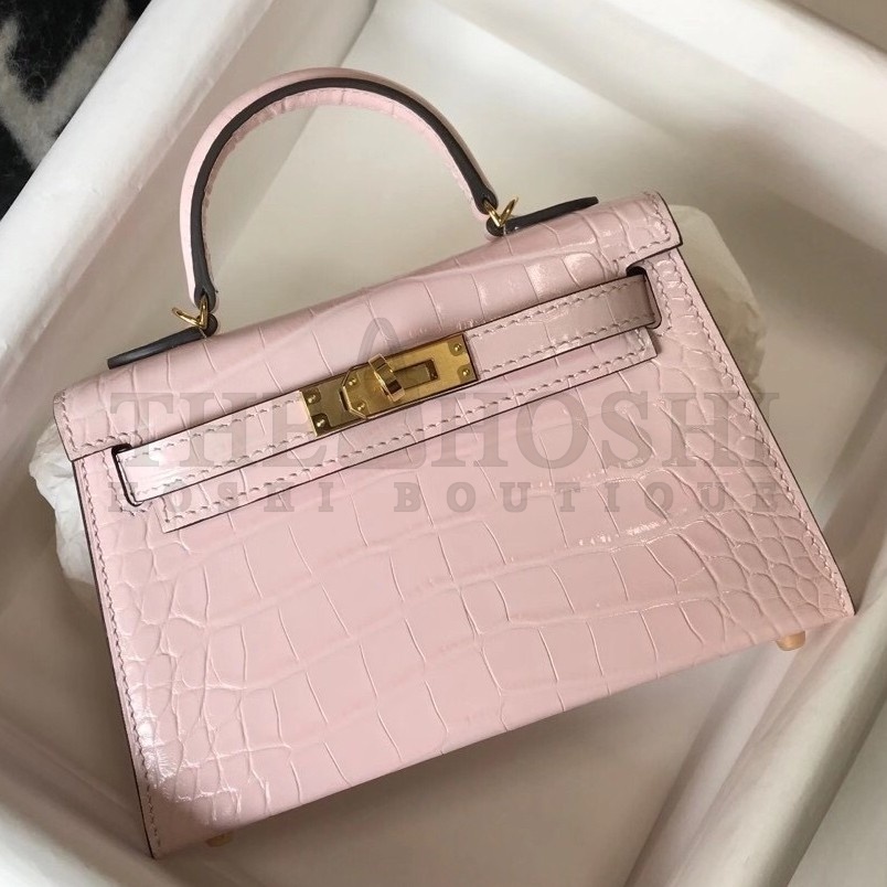 H**me5 Kelly Mini II Bag In Rose Dragee Embossed Crocodile Calfskin Master Quality