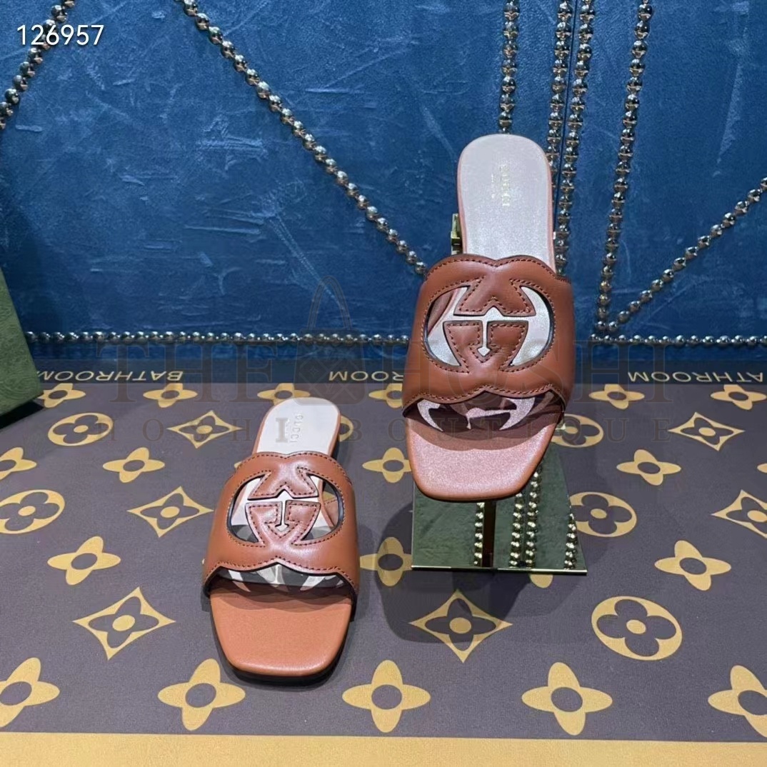 Gvc*1 Unisex Interlocking G Slide Sandals Orange Leather Cut-Out Flat Master Quality