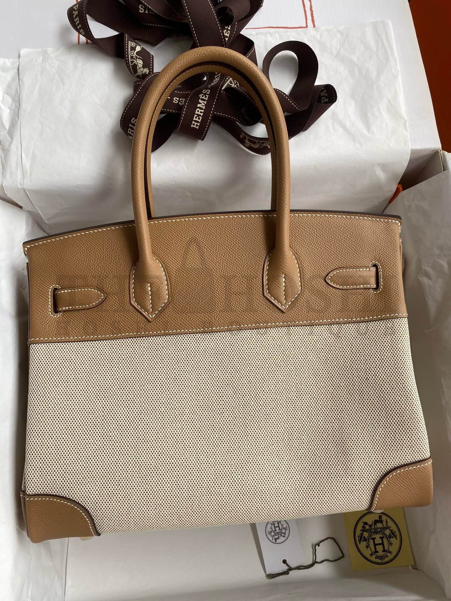 H**me5 Birkin 30 Handmade Bag In Toile &amp; Chai Epsom Leather Master Quality
