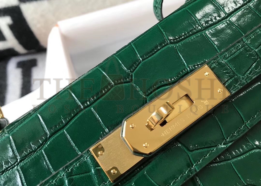 H**me5 Kelly 28cm Bag In Green Embossed Crocodile GHW Master Quality