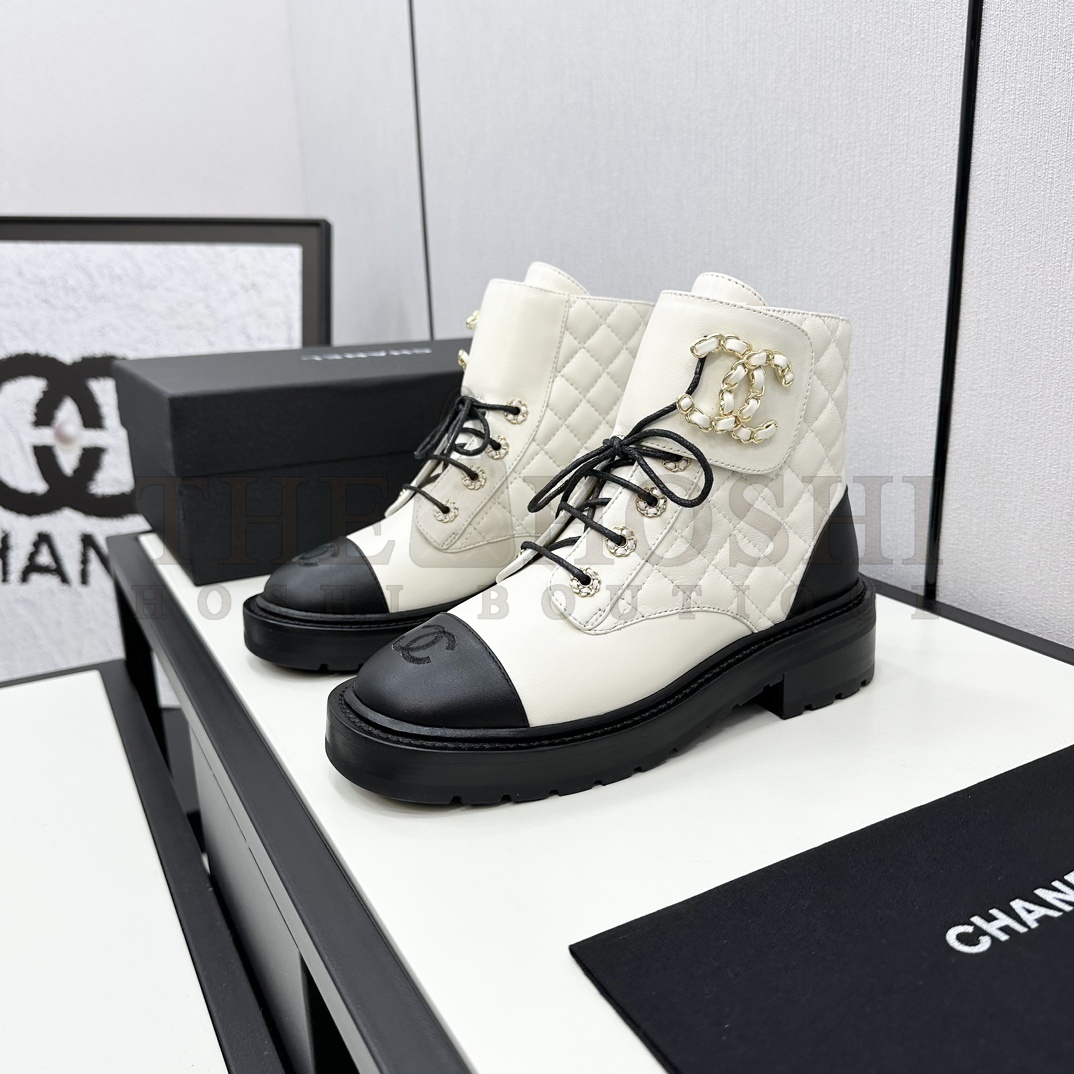 Ch**el  Shiny Lambskin Quilted Lace Up Combat Boots Master Quality