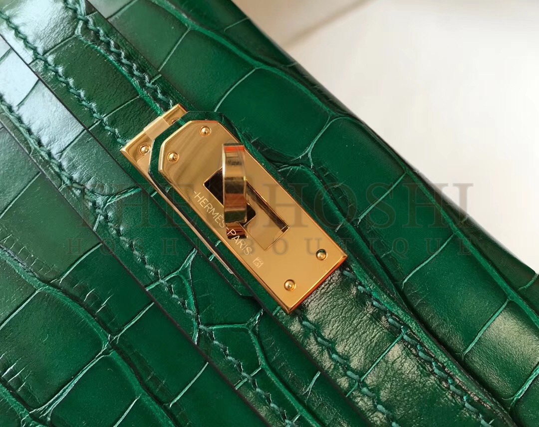 H**me5 Kelly Mini II Bag In Green Crocodile Embossed Leather Master Quality