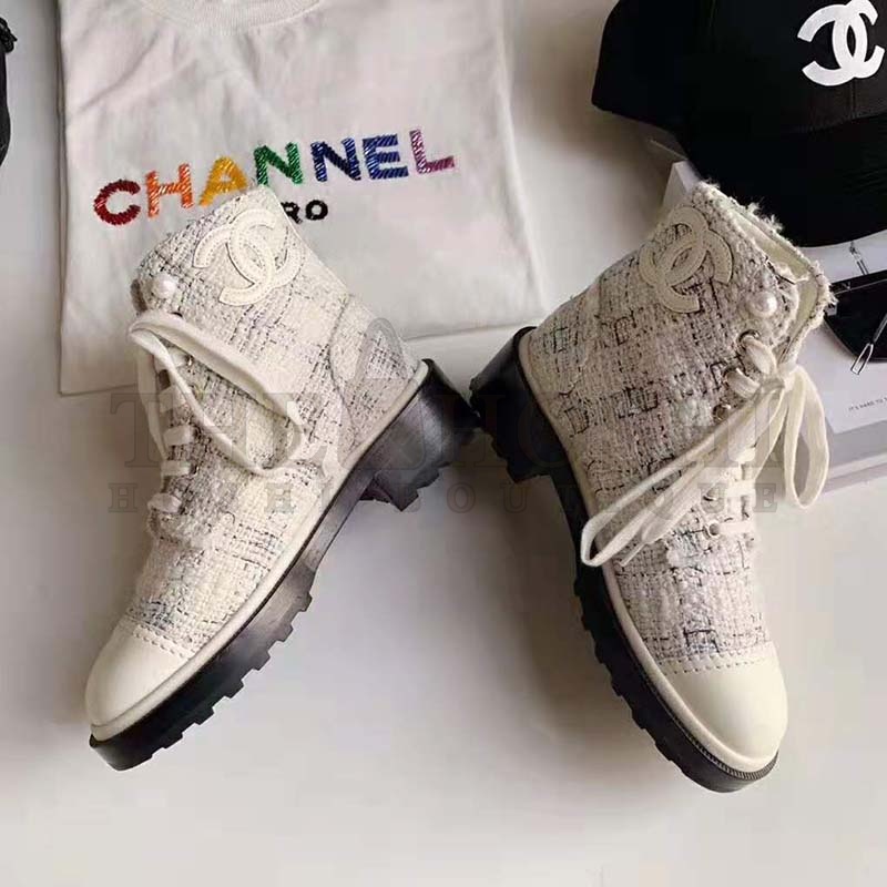 Ch**el Women Ankle Boots in Tweed & Calfskin 3.6 cm Heel-Beige Master Quality