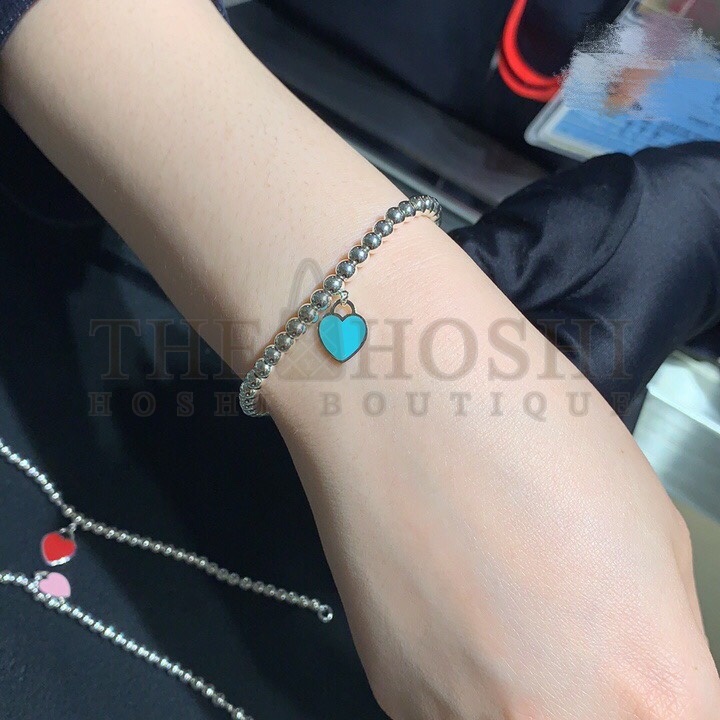 T*f*ny  T*f*ny& CO. Pink Heart Tag Bead Bracelet in Silver, 4 mm Master Quality