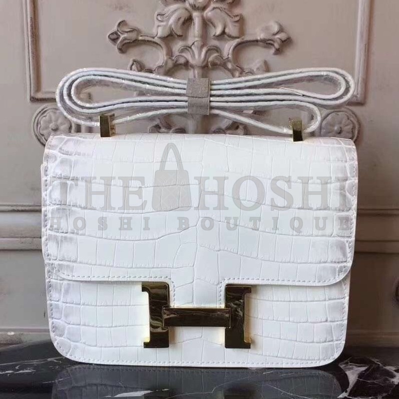 H**me5 White Constance MM 24cm Crocodile Bag Master Quality