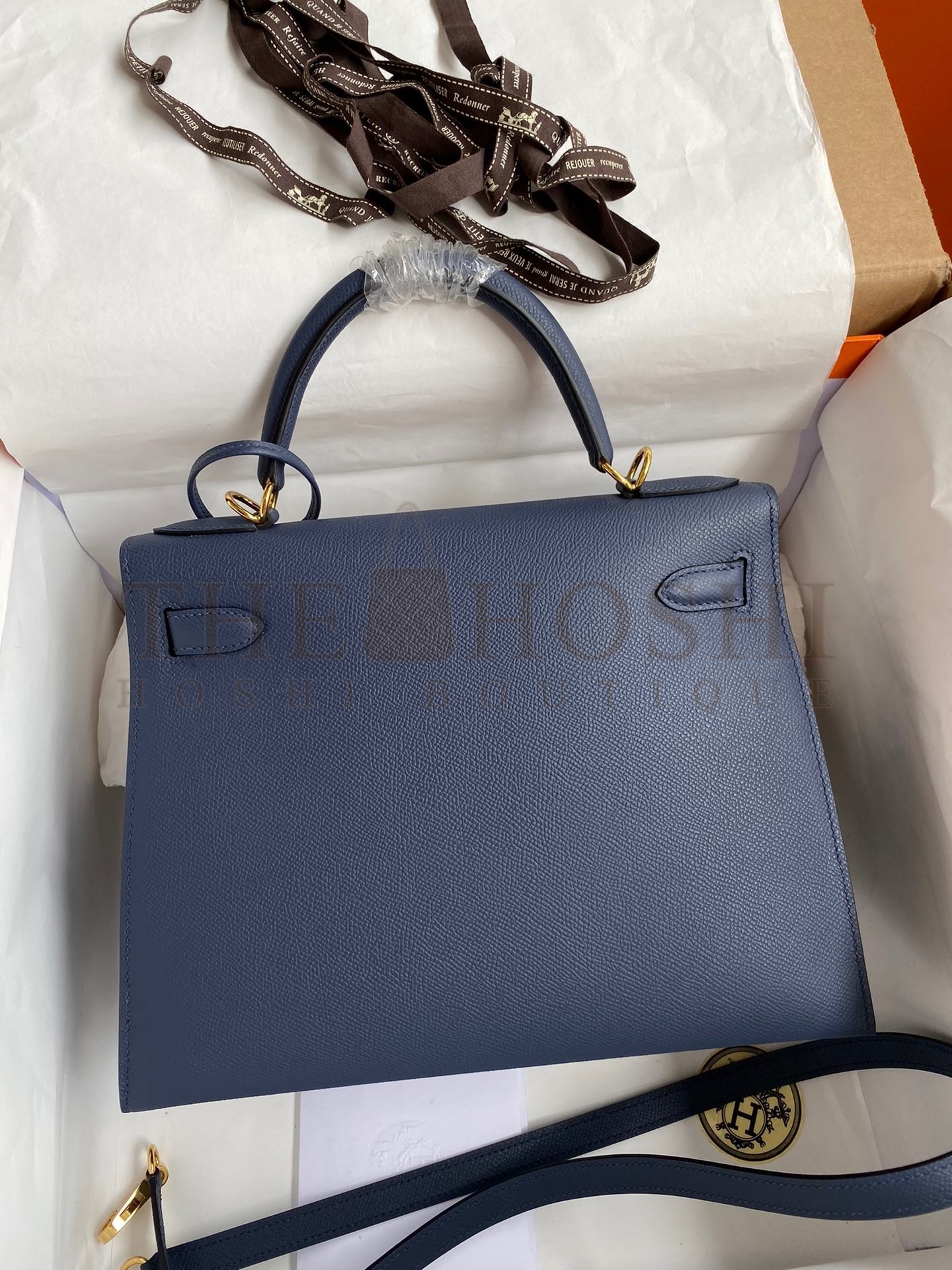 H**me5 Kelly Sellier 28 Handmade Bag In Blue Saphir Epsom Calfskin Master Quality