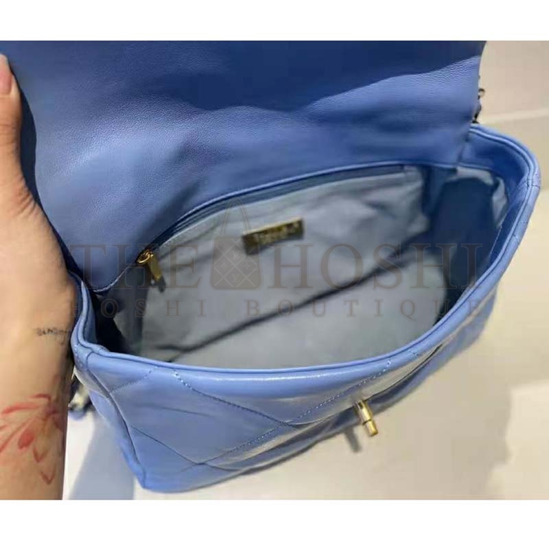 Ch**el Women Ch**el 19 Flap Bag Lambskin Gold Silver-Tone Ruthenium-Finish Metal Blue Master Quality