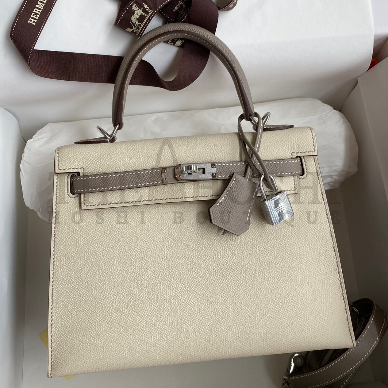 H**me5 Kelly Sellier 25 Bicolor Bag in Craie and Gris Asphalt Epsom Calfskin Master Quality