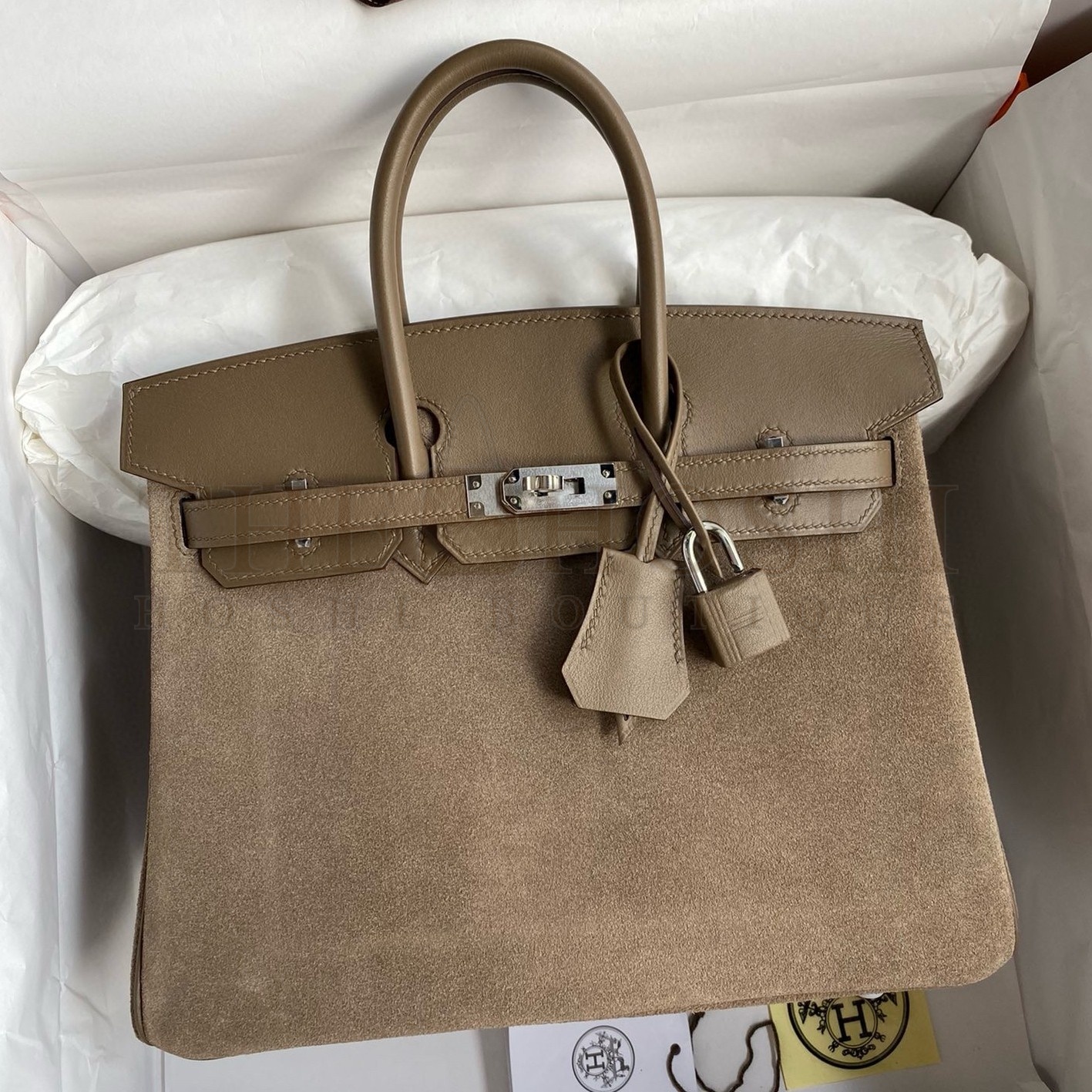 H**me5 Birkin 25 Grizzly Bag in Taupe Veau Doblis and Swift Leather Master Quality
