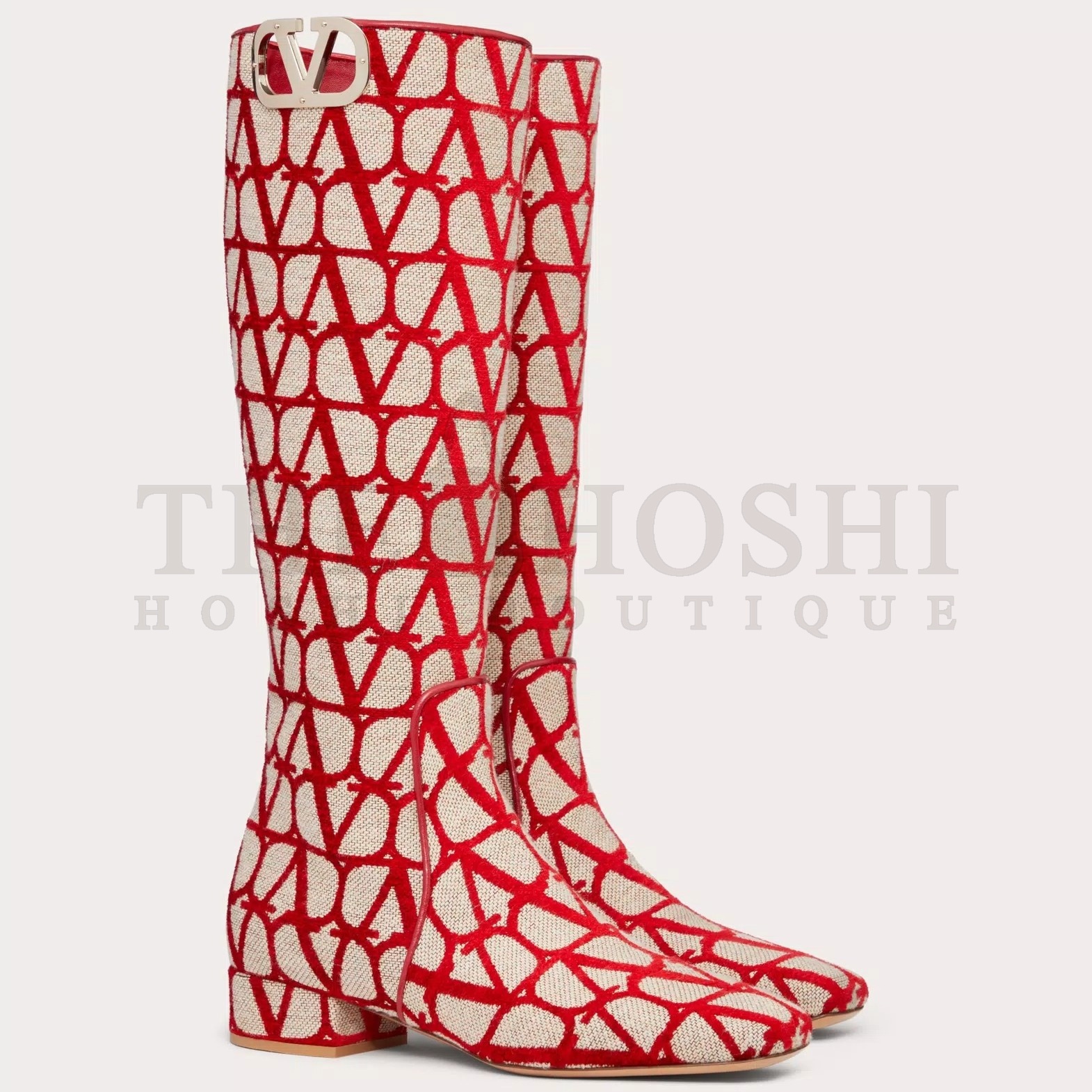 Va1e*ntin0 VLogo Type Knee Boots in Red Toile Iconographe fabric Master Quality
