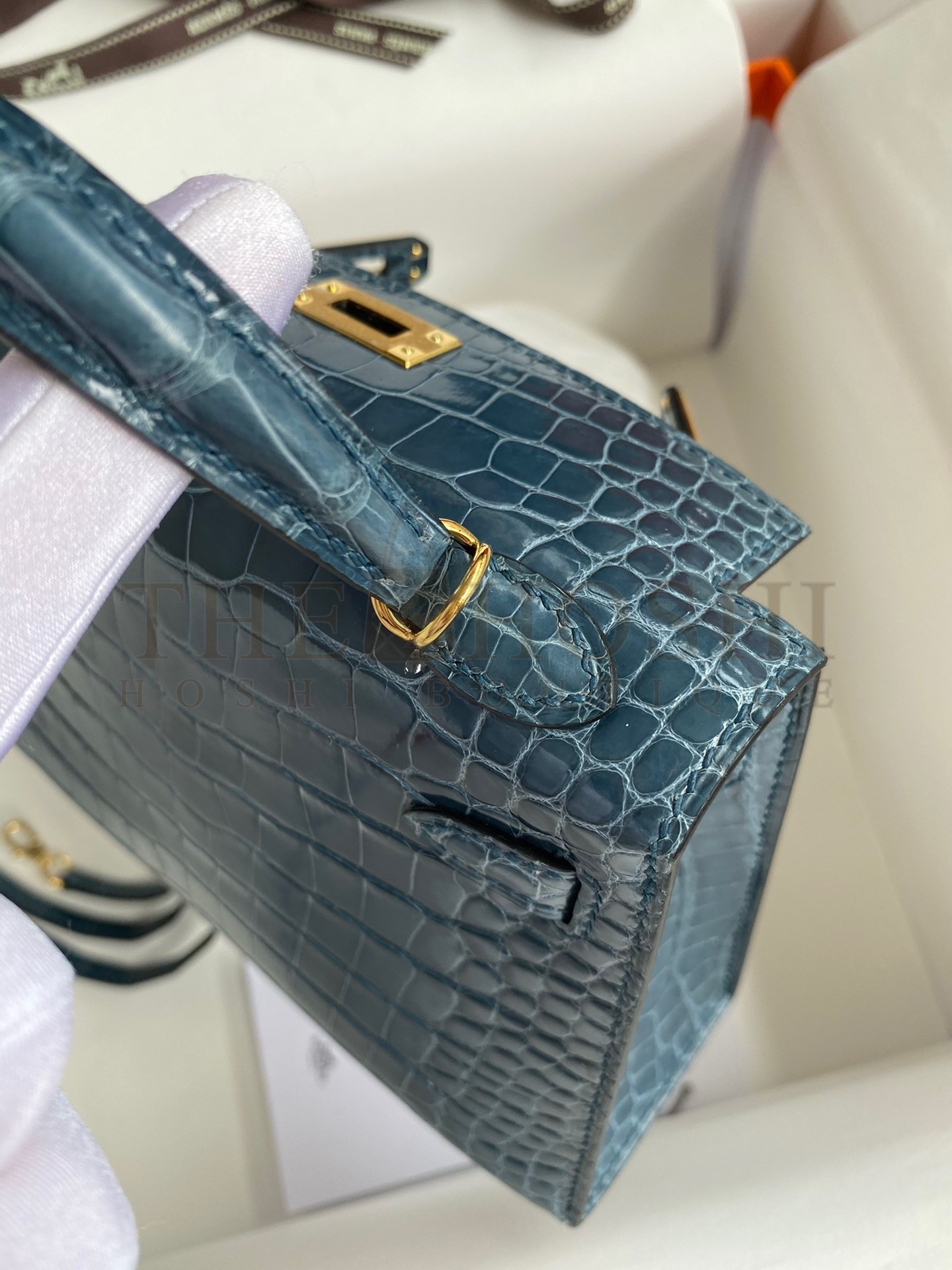 H**me5 Kelly Mini II Sellier Handmade Bag In Blue Jean Shiny Alligator Leather Master Quality