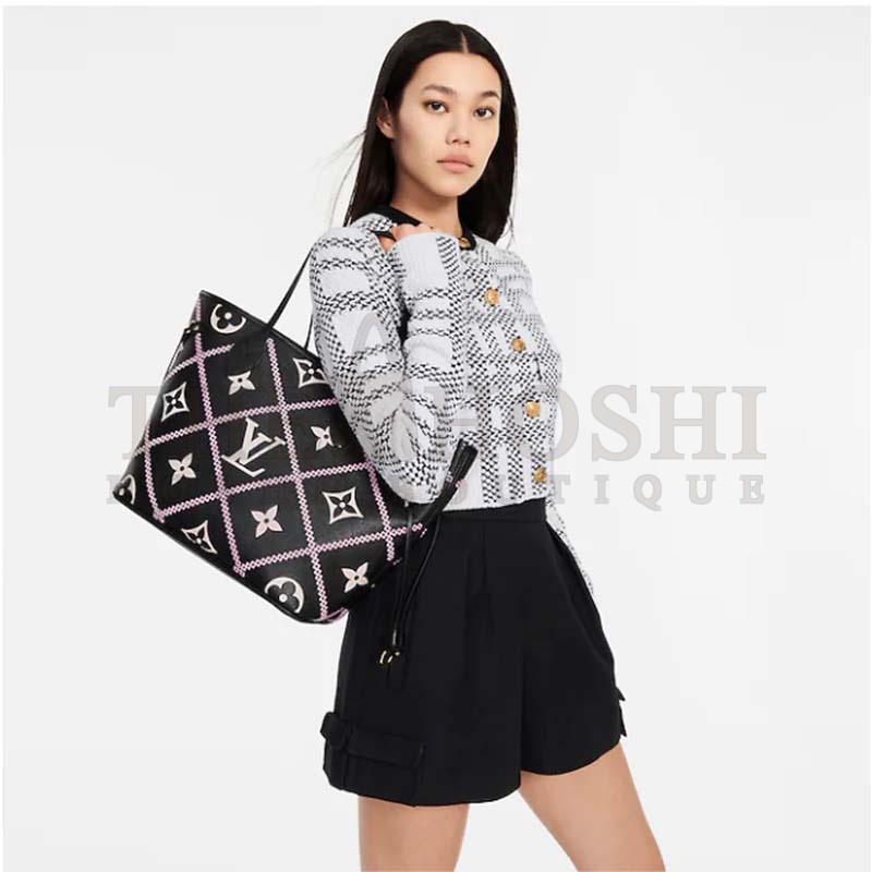 L0vis Vvtt0n LV Women Neverfull MM Tote Black Pink Grained Cowhide Leather Master Quality