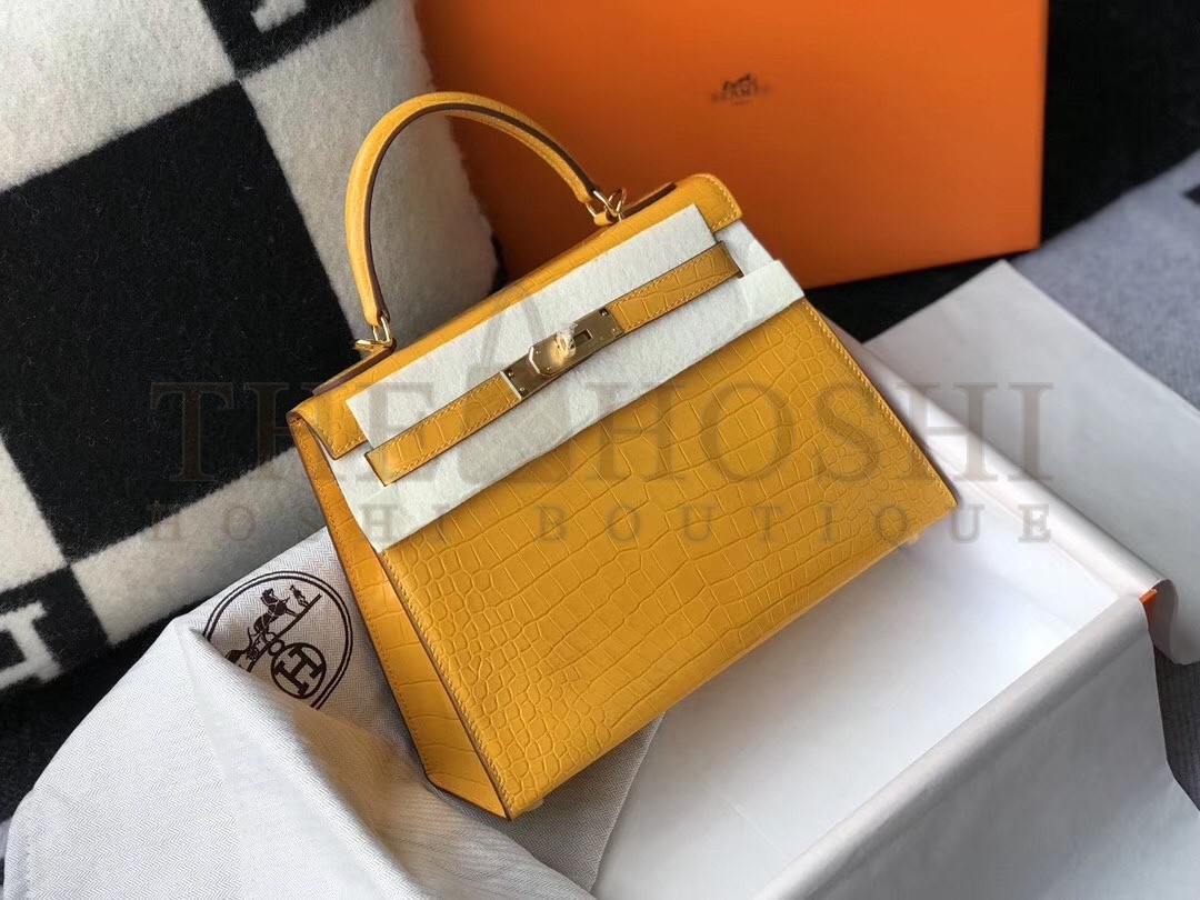 H**me5 Kelly 28cm Bag In Yellow Embossed Crocodile GHW Master Quality
