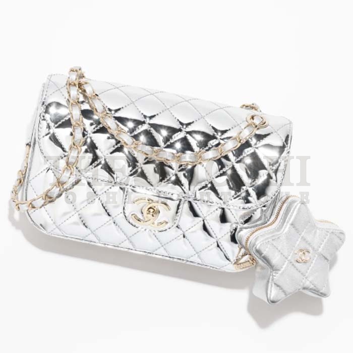 Ch**el Women CC Flap Bag Star Coin Purse Mirror Calfskin Metallic Calfskin Gold-Tone Metal Silver Master Quality