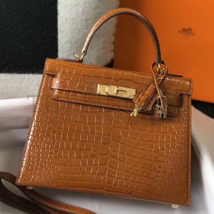 H**me5 Kelly 25 cm Bag In Brown Embossed Crocodile Master Quality