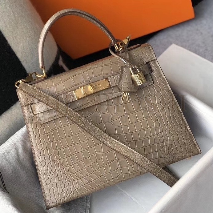 H**me5 Kelly 25cm Bag In Taupe Embossed Crocodile Master Quality